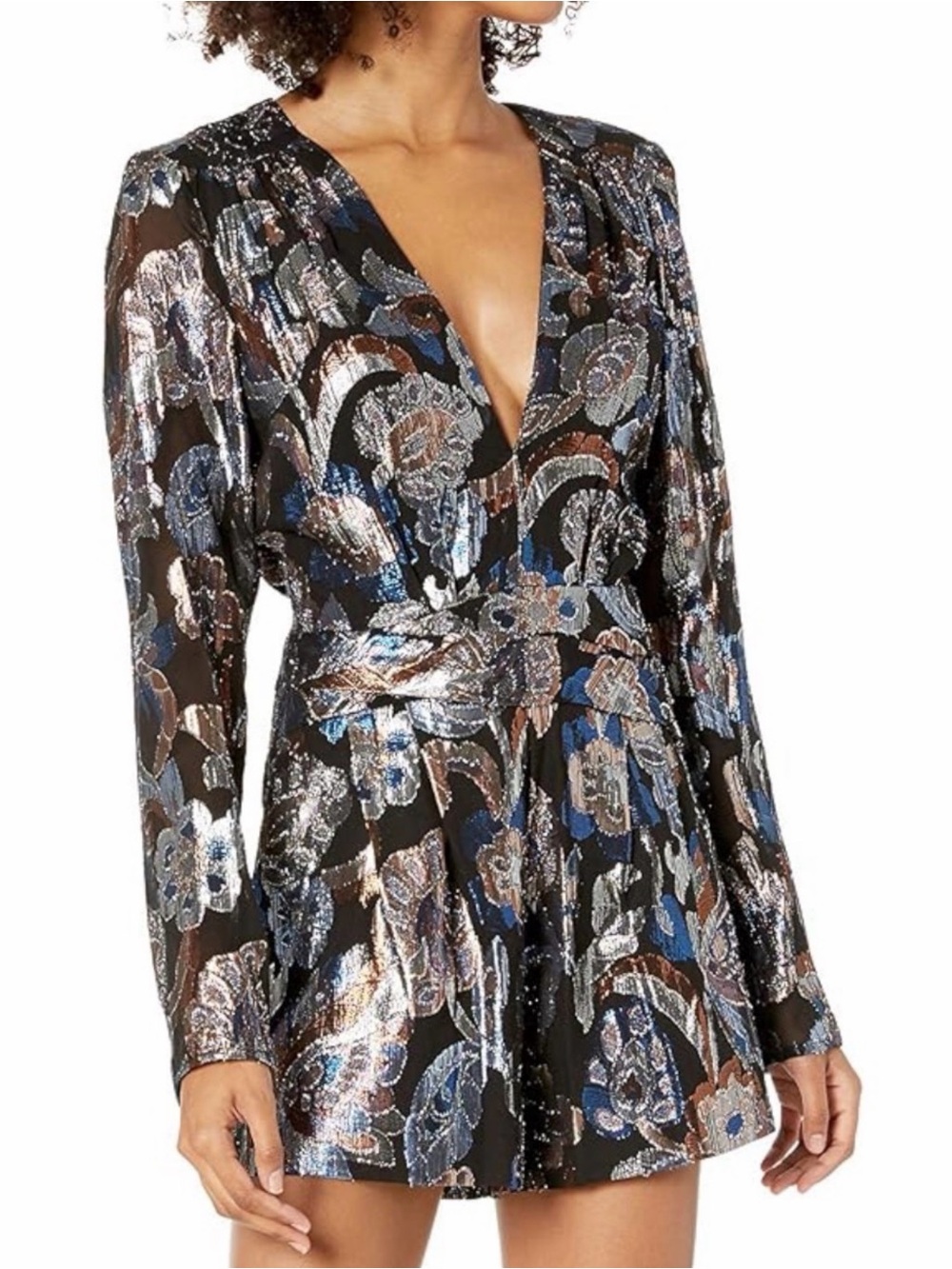 Ramy Brook Women's Rainn Metallic Print Deep V-neck Long Sleeve Printed Romper